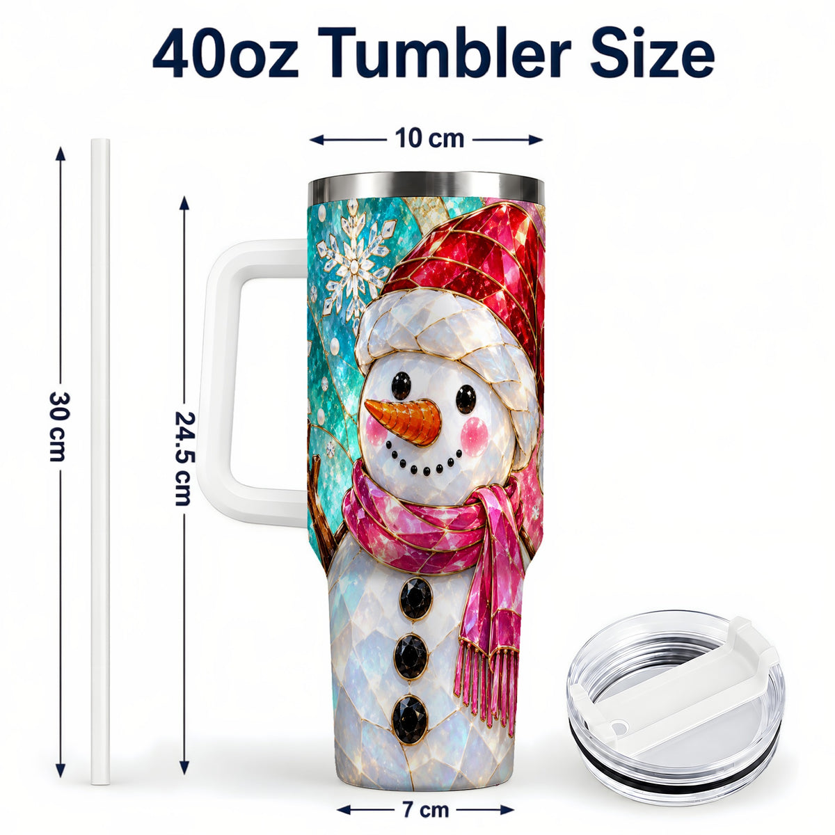 #pl[40oz|White] Snowman 40oz Tumbler with Handle, Winter Stained Glass Style Travel Cup