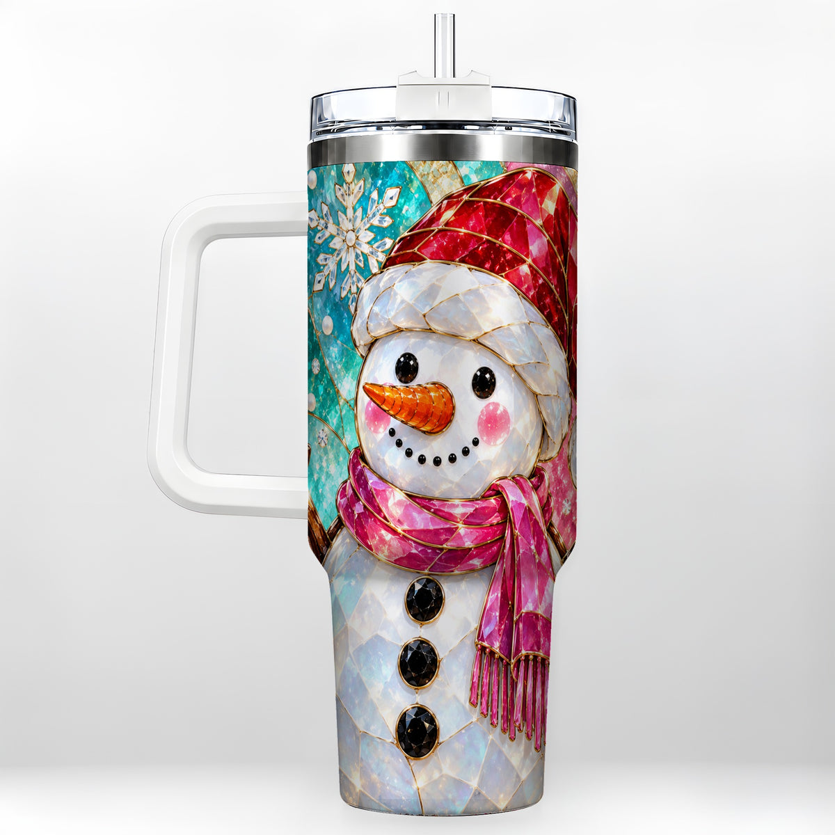 Snowman 40oz Tumbler with Handle, Winter Stained Glass Style Travel Cup