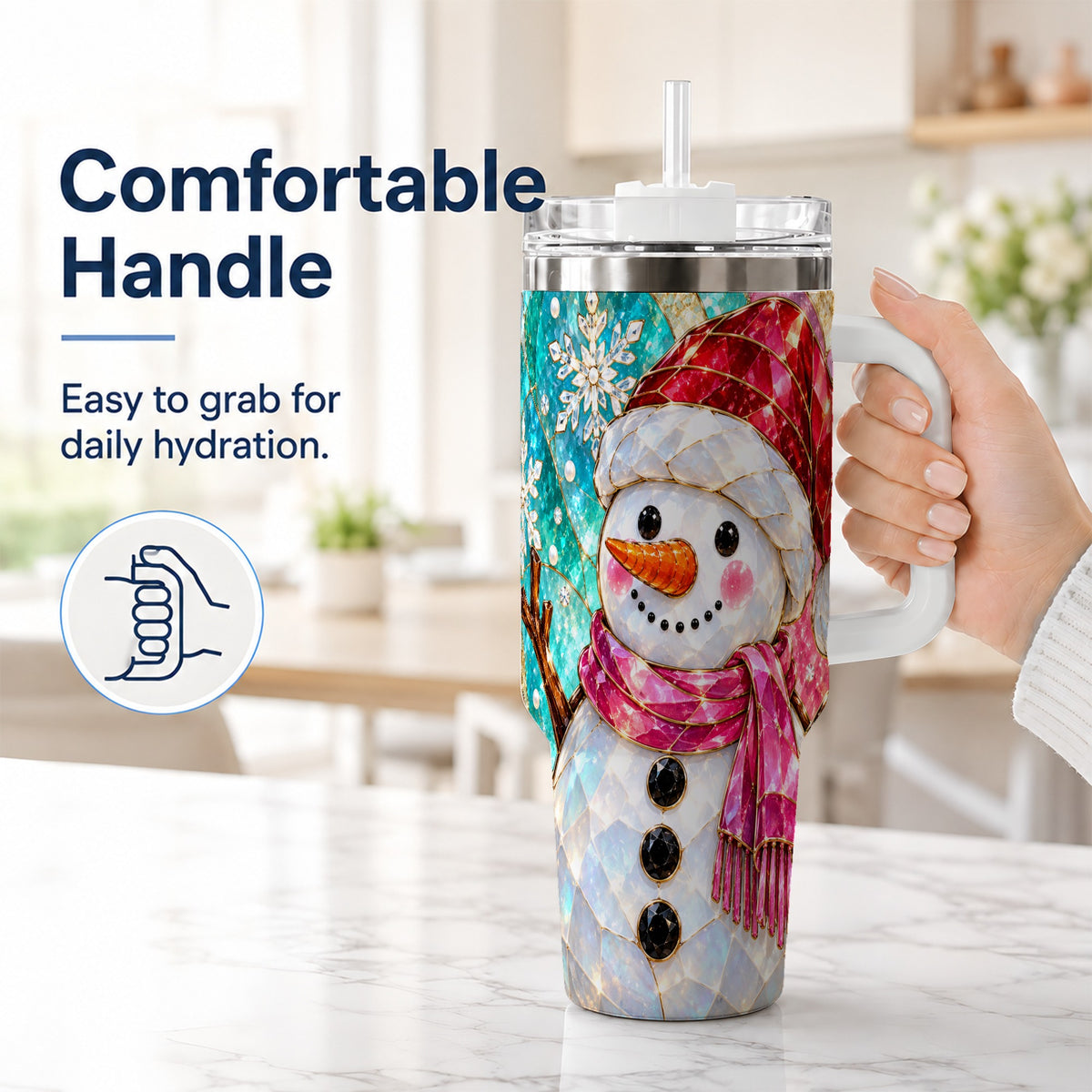 #pl[40oz|White] Snowman 40oz Tumbler with Handle, Winter Stained Glass Style Travel Cup