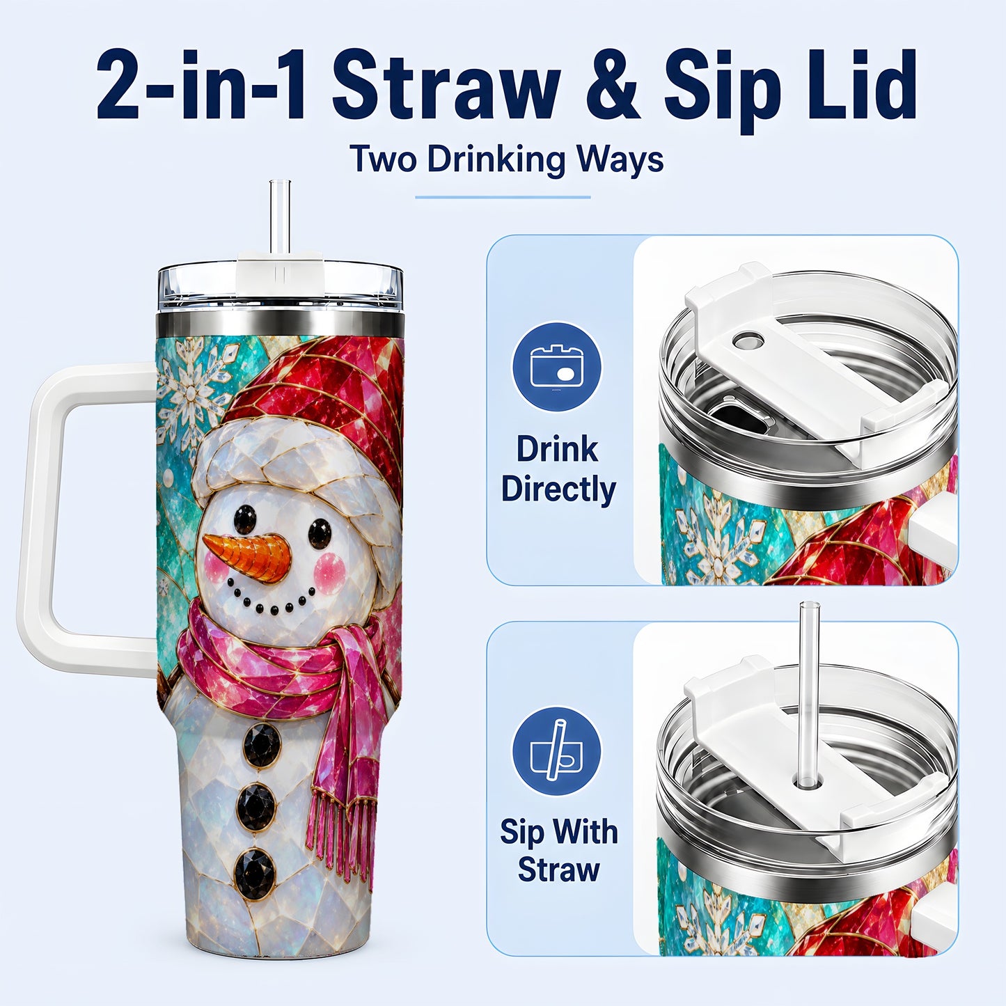 #pl[40oz|White] Snowman 40oz Tumbler with Handle, Winter Stained Glass Style Travel Cup