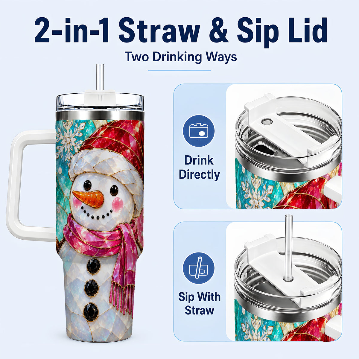 #pl[40oz|White] Snowman 40oz Tumbler with Handle, Winter Stained Glass Style Travel Cup