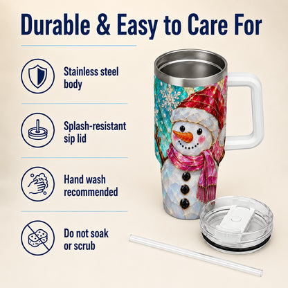 #pl[40oz|White] Snowman 40oz Tumbler with Handle, Winter Stained Glass Style Travel Cup