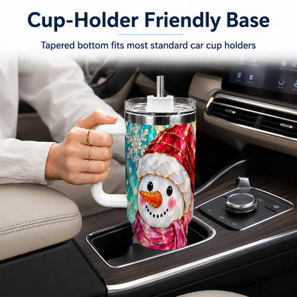 #pl[40oz|White] Snowman 40oz Tumbler with Handle, Winter Stained Glass Style Travel Cup