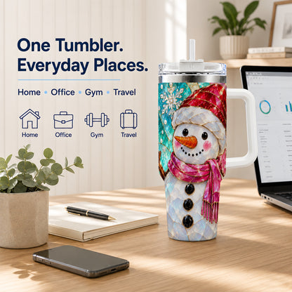 #pl[40oz|White] Snowman 40oz Tumbler with Handle, Winter Stained Glass Style Travel Cup