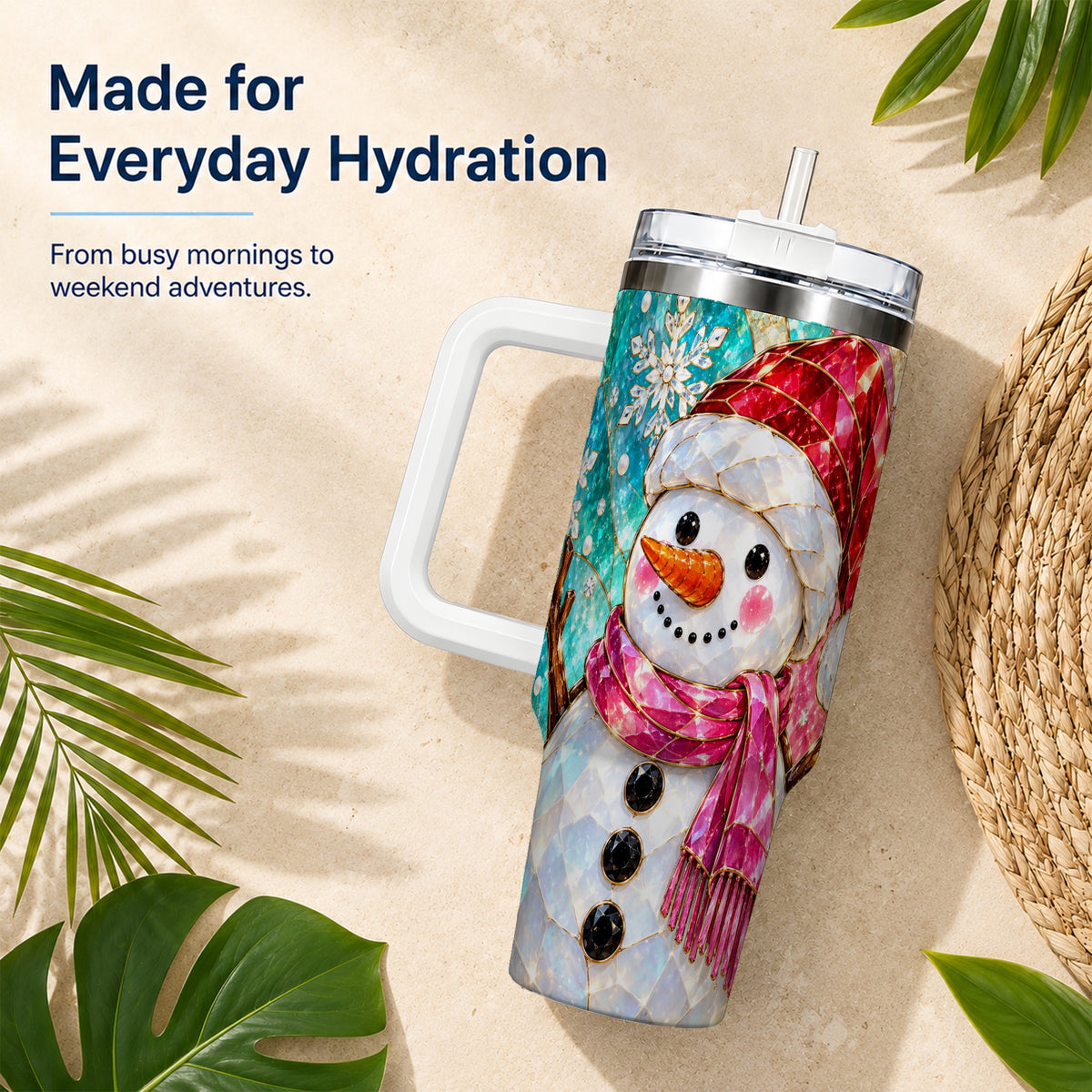#pl[40oz|White] Snowman 40oz Tumbler with Handle, Winter Stained Glass Style Travel Cup