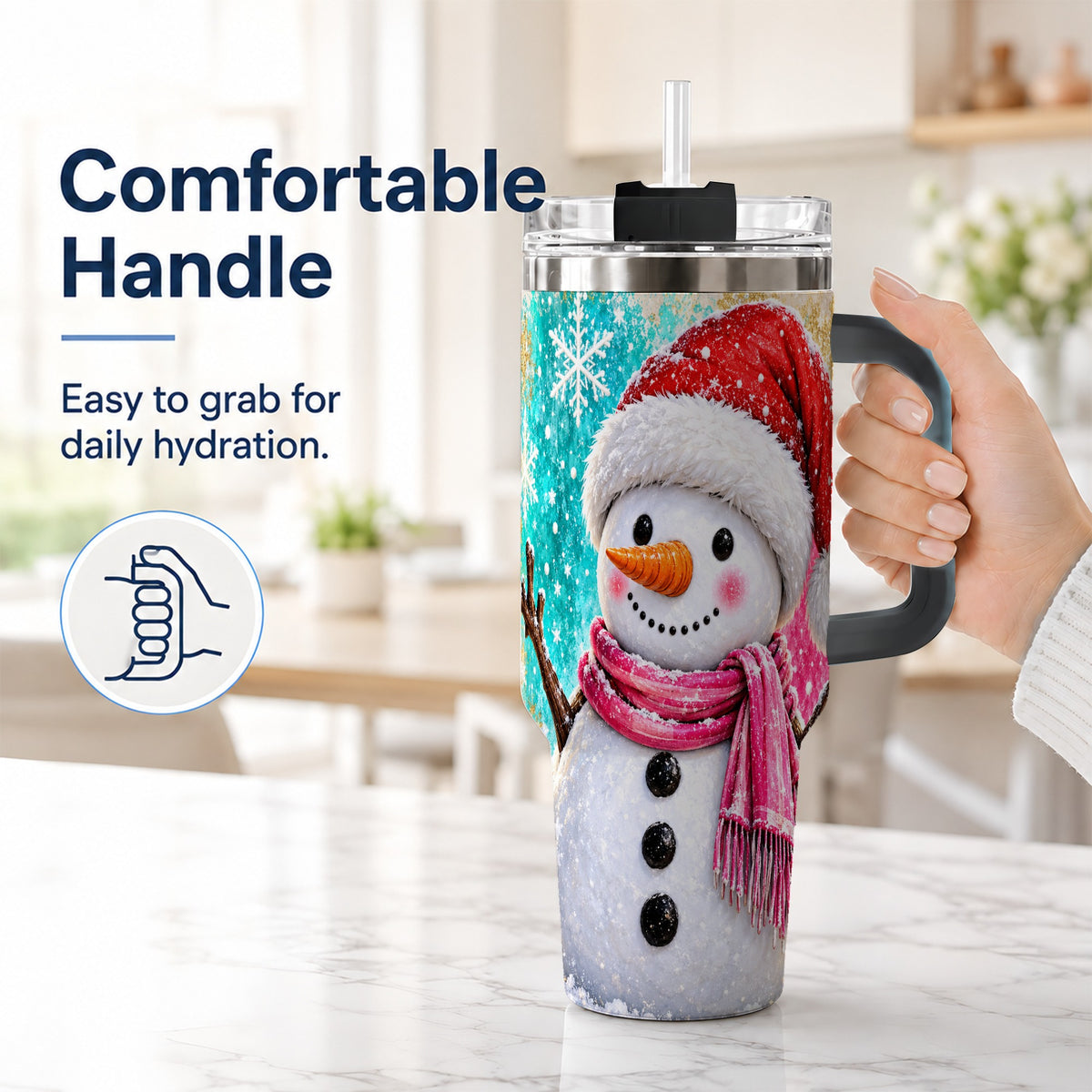 #pl[40oz|Black] Cheerful Snowman 40oz Tumbler with Handle, Stainless Steel Travel Cup
