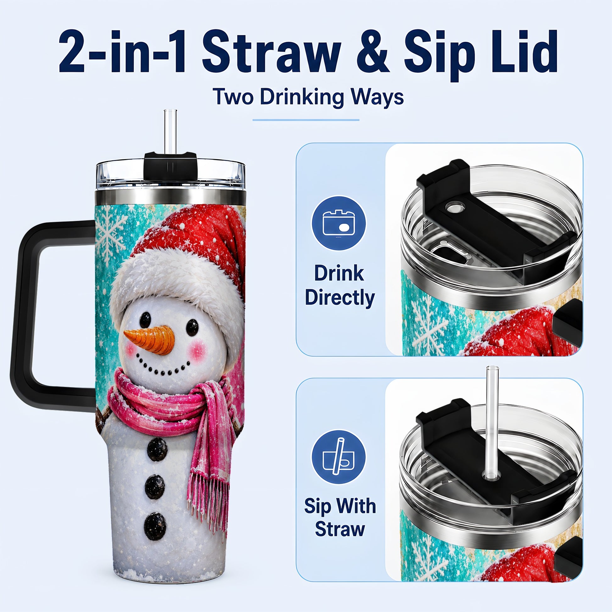 #pl[40oz|Black] Cheerful Snowman 40oz Tumbler with Handle, Stainless Steel Travel Cup