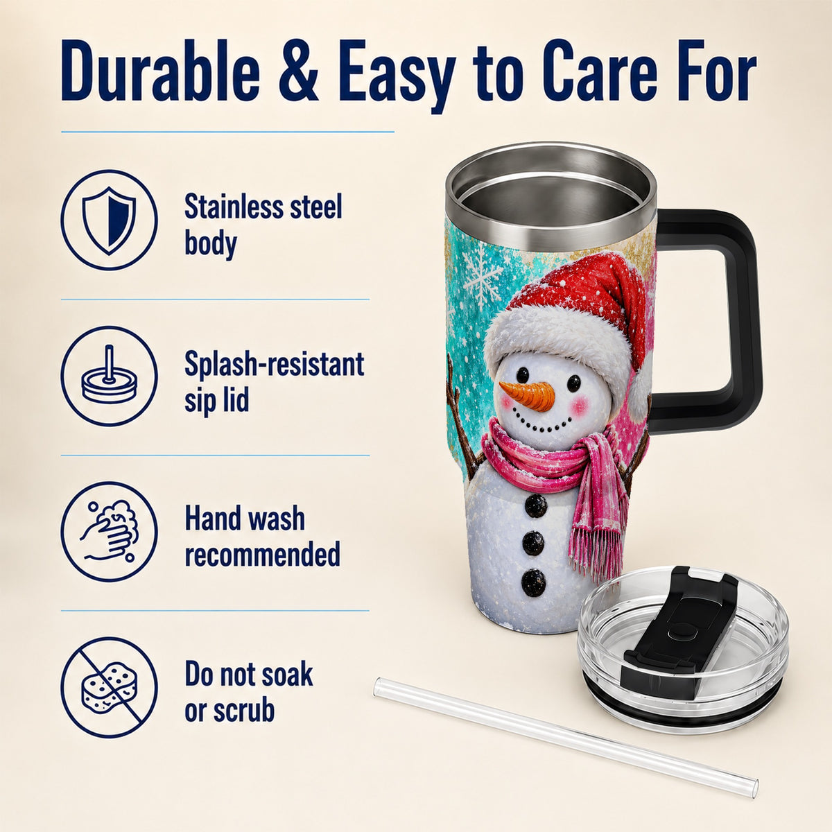 #pl[40oz|Black] Cheerful Snowman 40oz Tumbler with Handle, Stainless Steel Travel Cup
