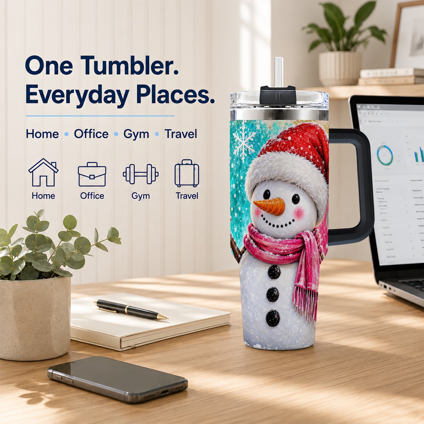 #pl[40oz|Black] Cheerful Snowman 40oz Tumbler with Handle, Stainless Steel Travel Cup