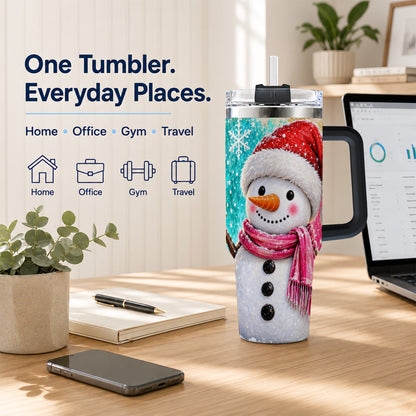 #pl[40oz|Black] Cheerful Snowman 40oz Tumbler with Handle, Stainless Steel Travel Cup