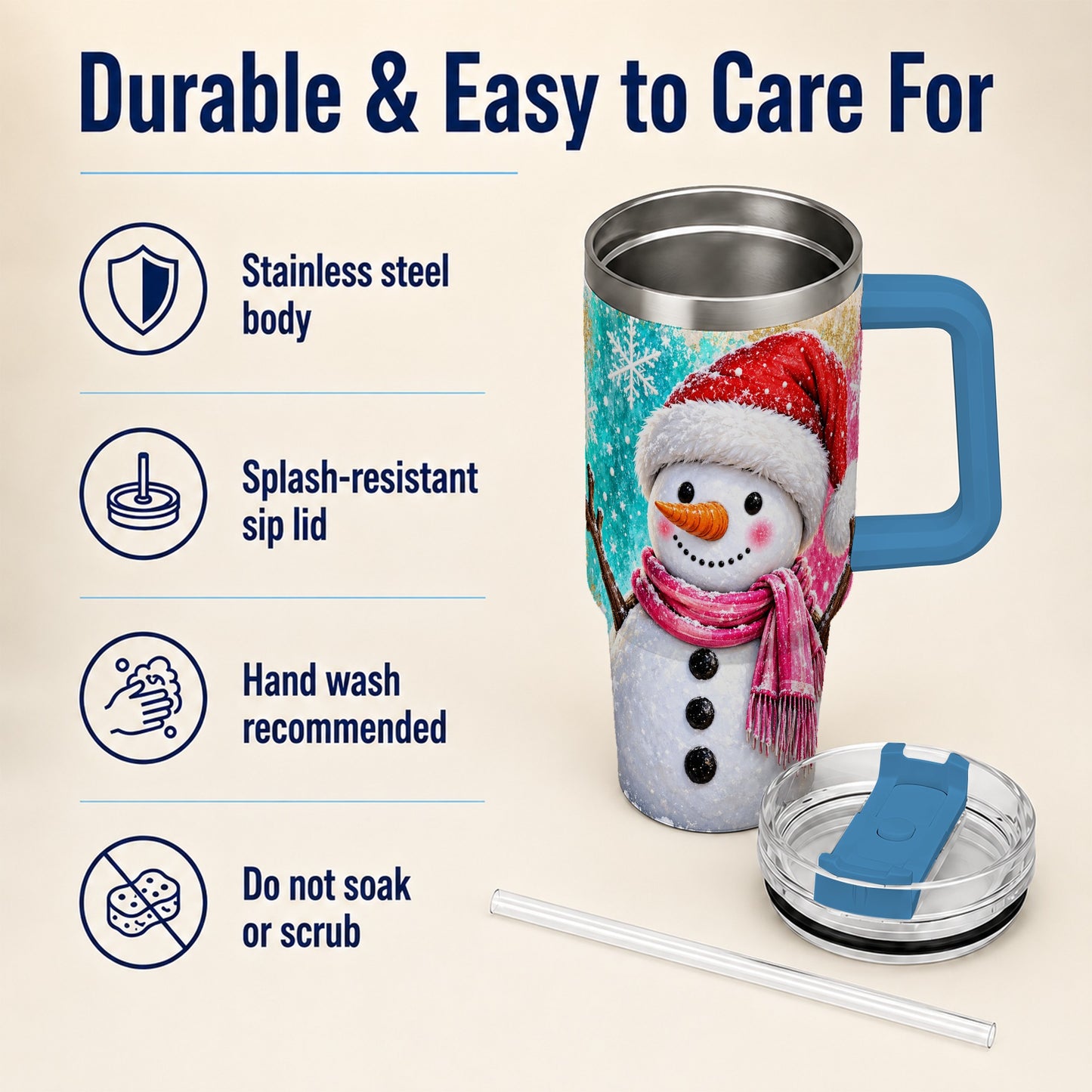 #pl[40oz|Blue] Cheerful Snowman 40oz Tumbler with Handle, Stainless Steel Travel Cup