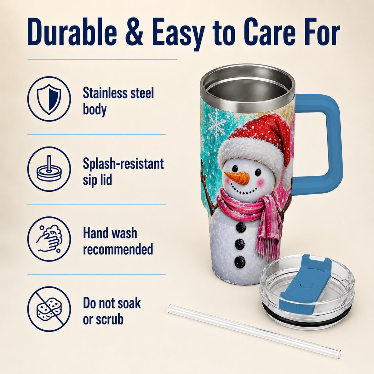 #pl[40oz|Blue] Cheerful Snowman 40oz Tumbler with Handle, Stainless Steel Travel Cup