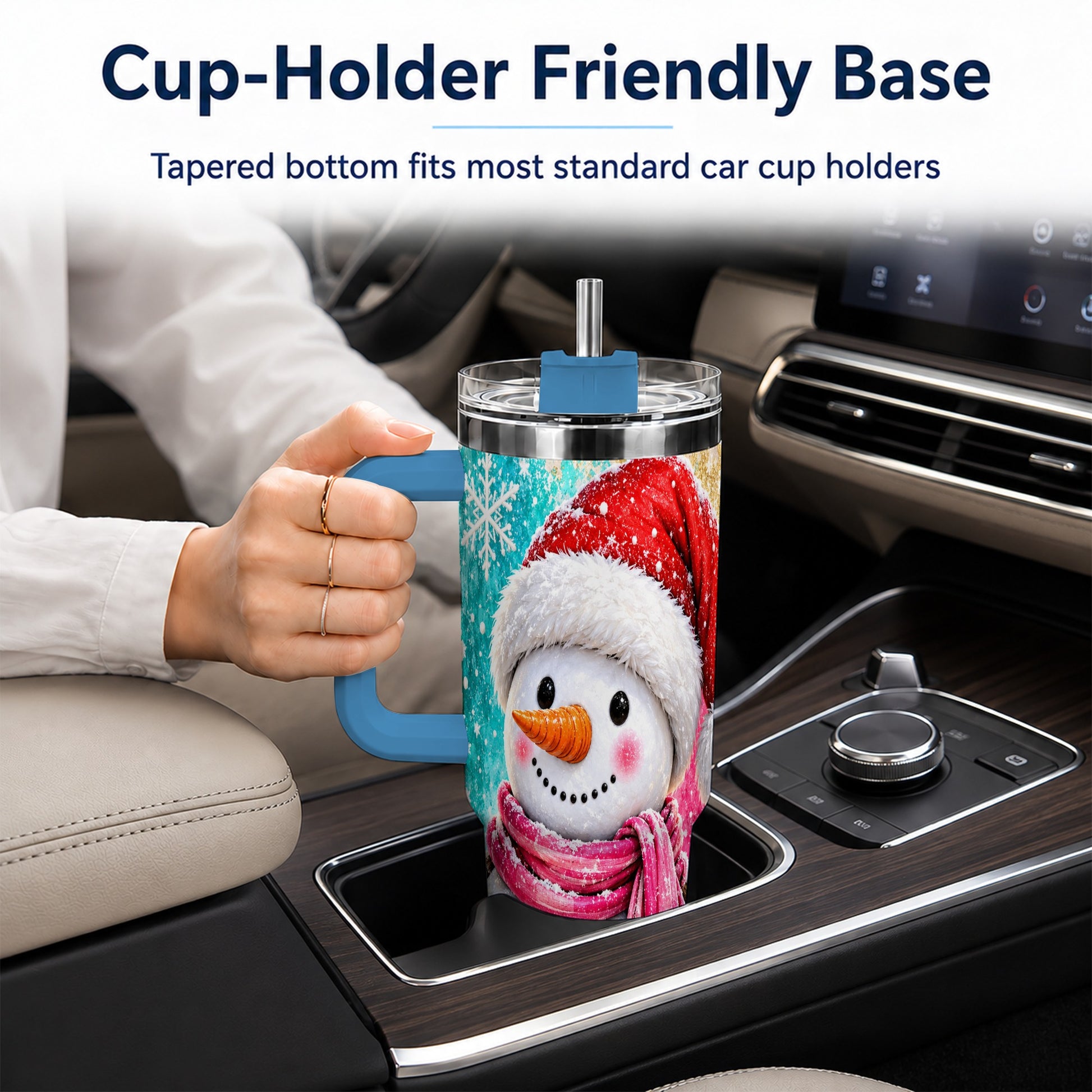 #pl[40oz|Blue] Cheerful Snowman 40oz Tumbler with Handle, Stainless Steel Travel Cup