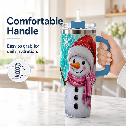 #pl[40oz|Blue] Cheerful Snowman 40oz Tumbler with Handle, Stainless Steel Travel Cup