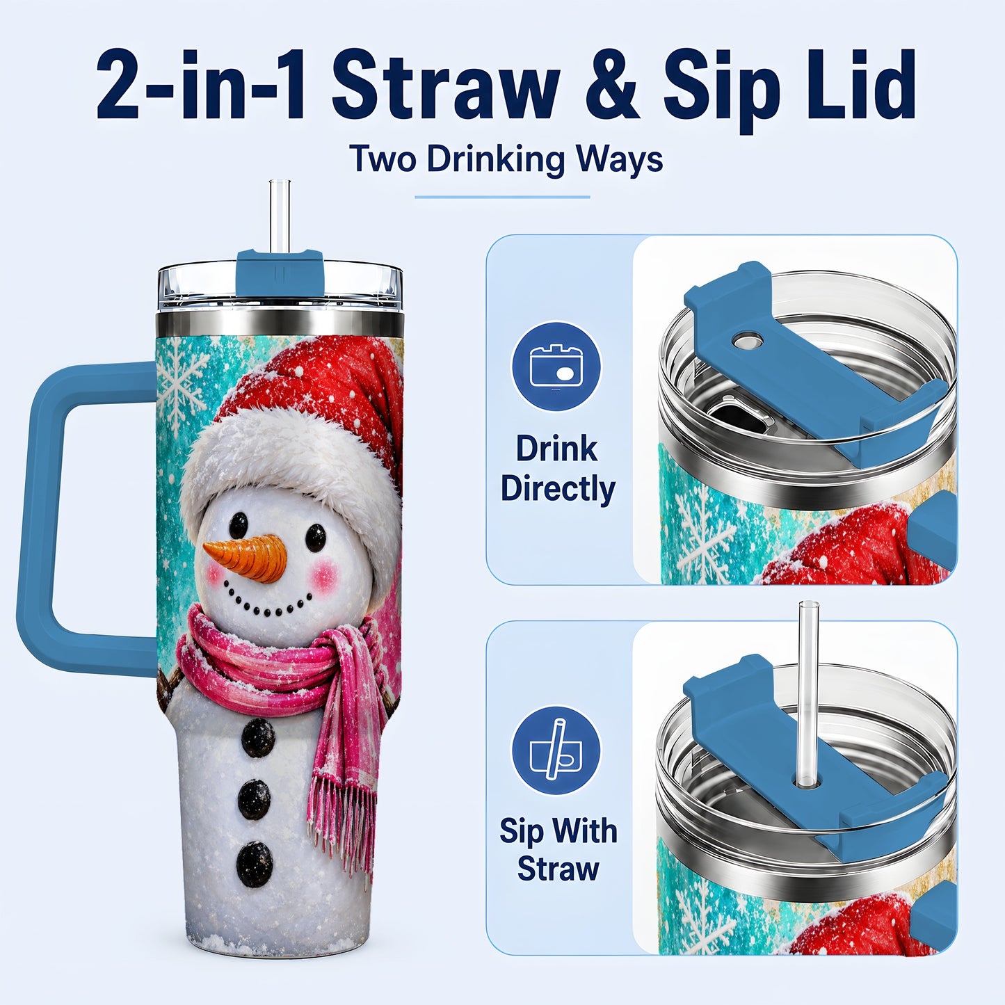 #pl[40oz|Blue] Cheerful Snowman 40oz Tumbler with Handle, Stainless Steel Travel Cup