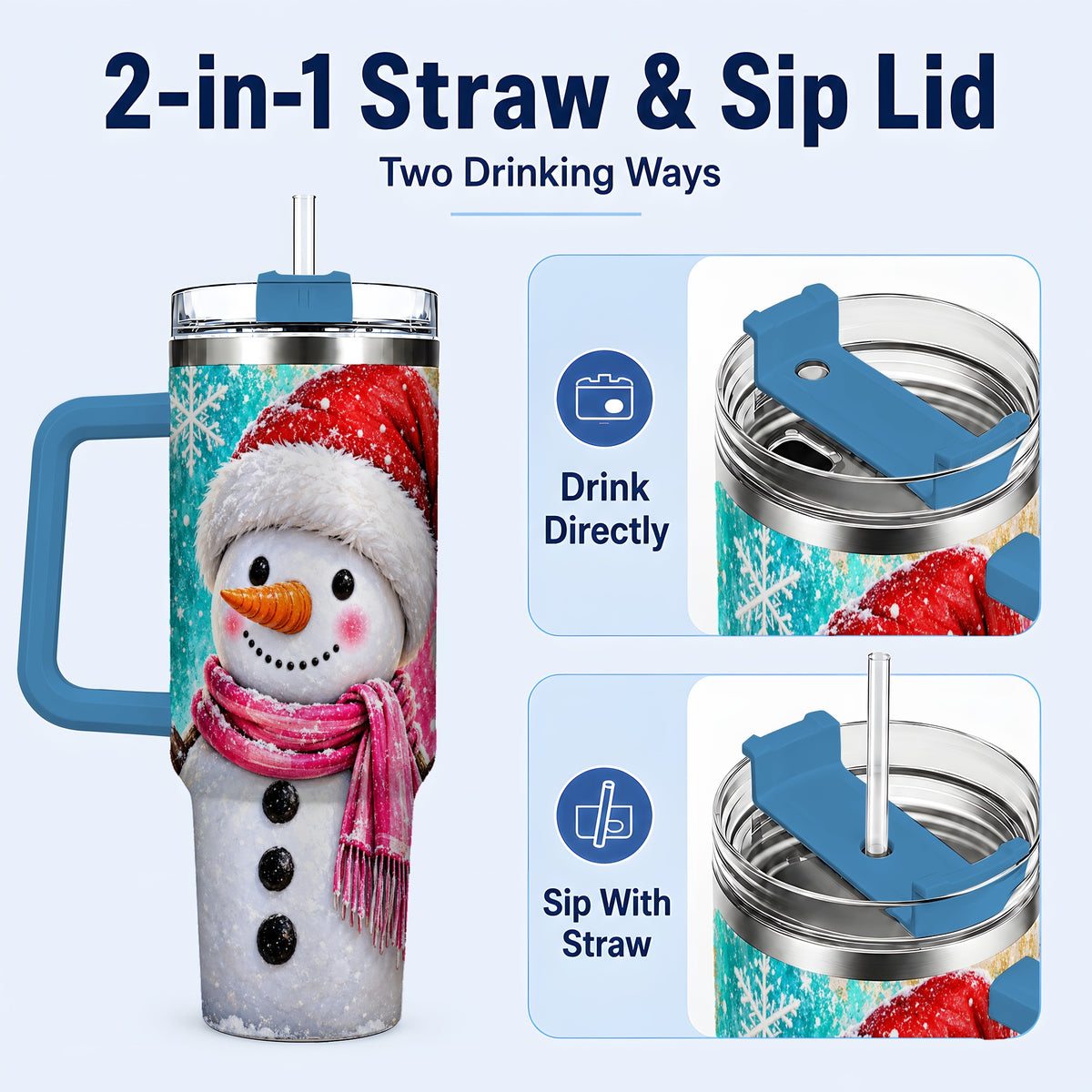 #pl[40oz|Blue] Cheerful Snowman 40oz Tumbler with Handle, Stainless Steel Travel Cup
