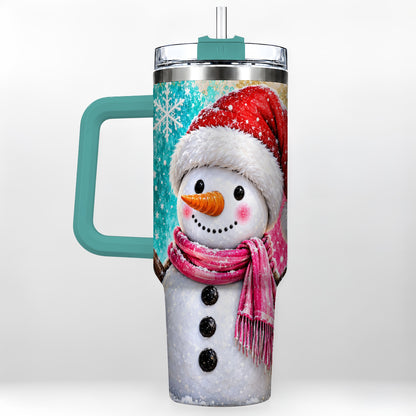 #pl[40oz|Green] Cheerful Snowman 40oz Tumbler with Handle, Stainless Steel Travel Cup
