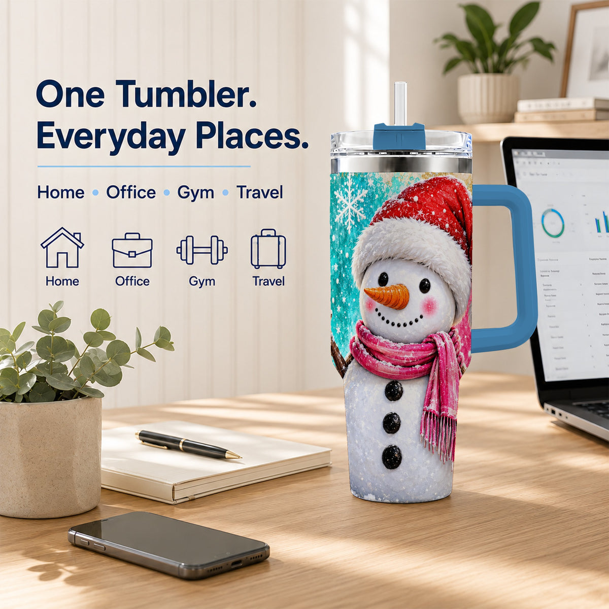 #pl[40oz|Blue] Cheerful Snowman 40oz Tumbler with Handle, Stainless Steel Travel Cup
