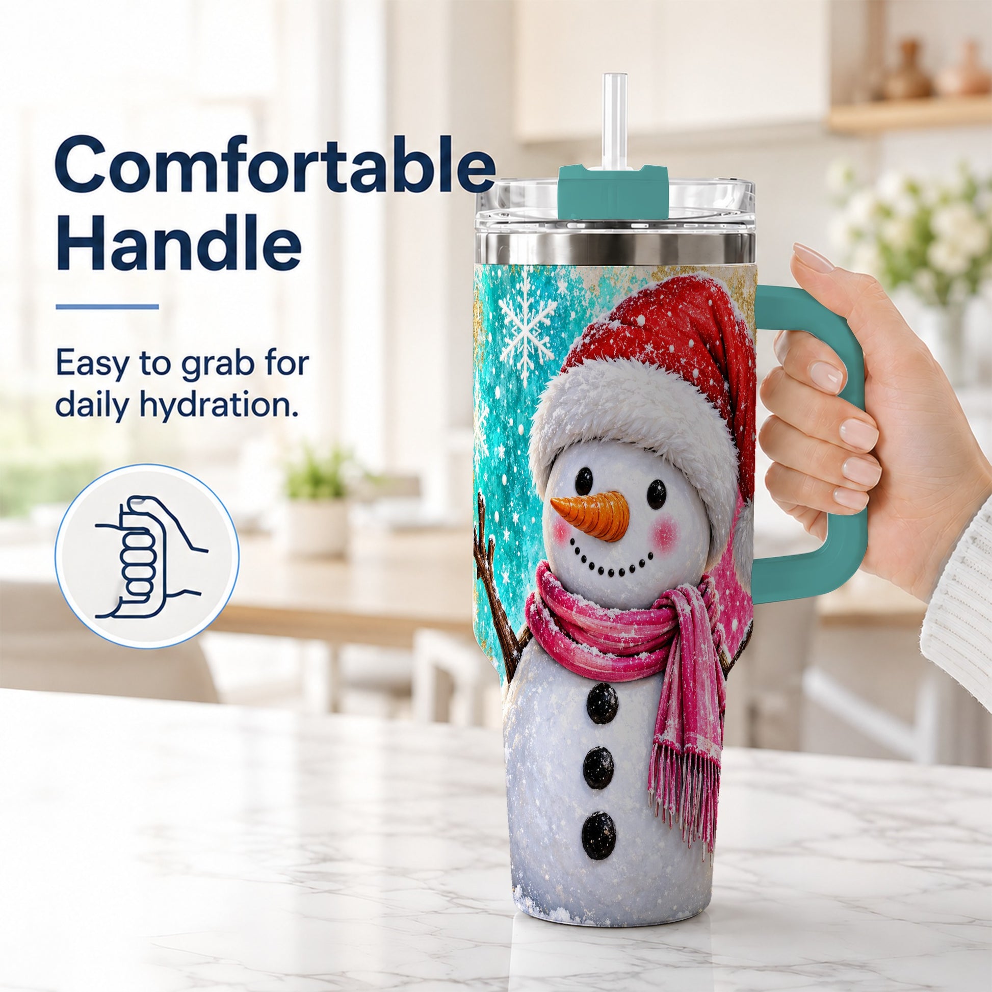#pl[40oz|Green] Cheerful Snowman 40oz Tumbler with Handle, Stainless Steel Travel Cup
