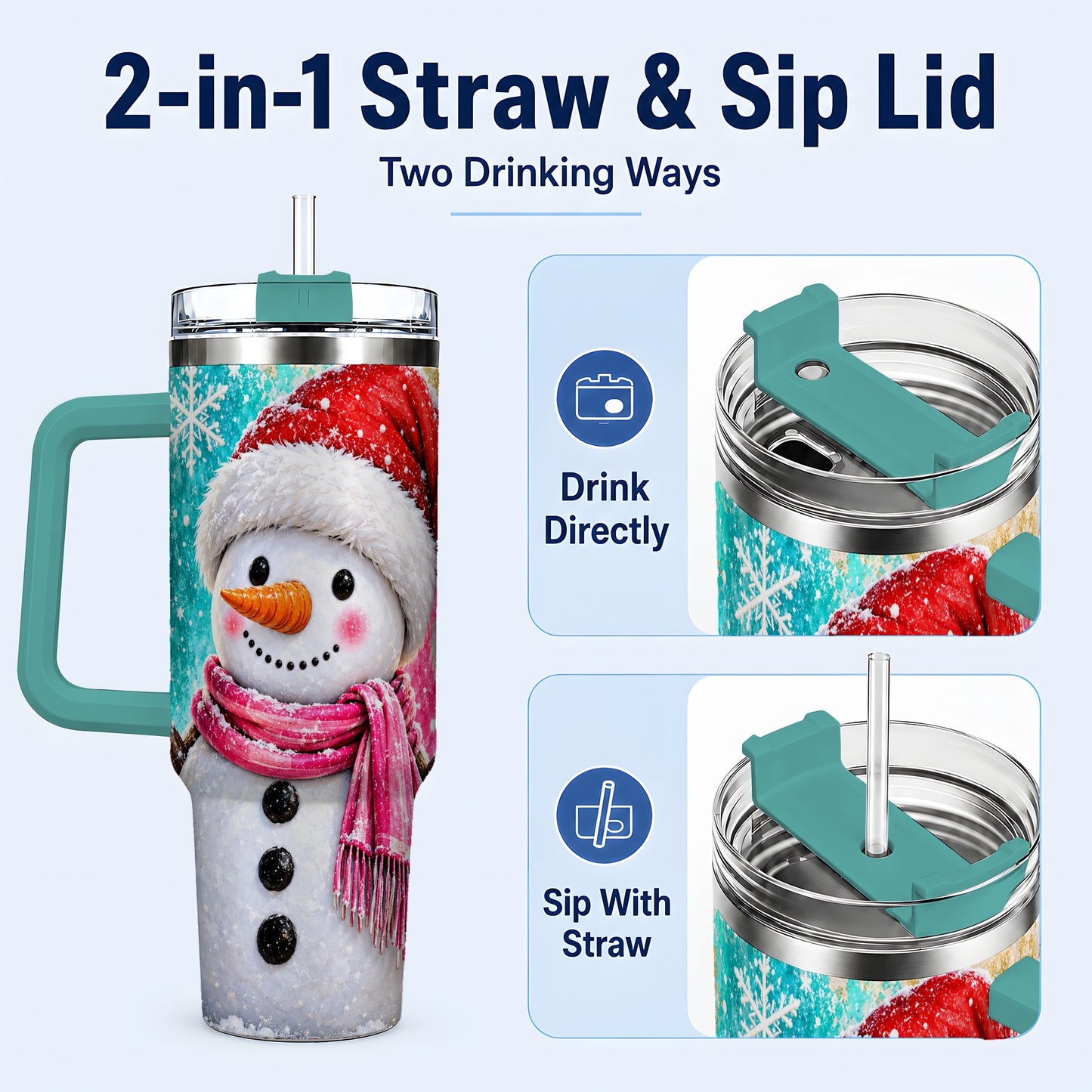 #pl[40oz|Green] Cheerful Snowman 40oz Tumbler with Handle, Stainless Steel Travel Cup