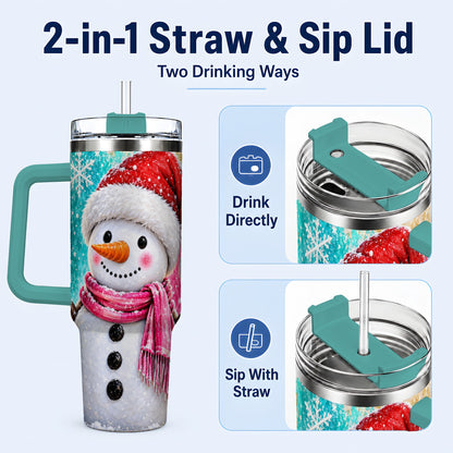 #pl[40oz|Green] Cheerful Snowman 40oz Tumbler with Handle, Stainless Steel Travel Cup