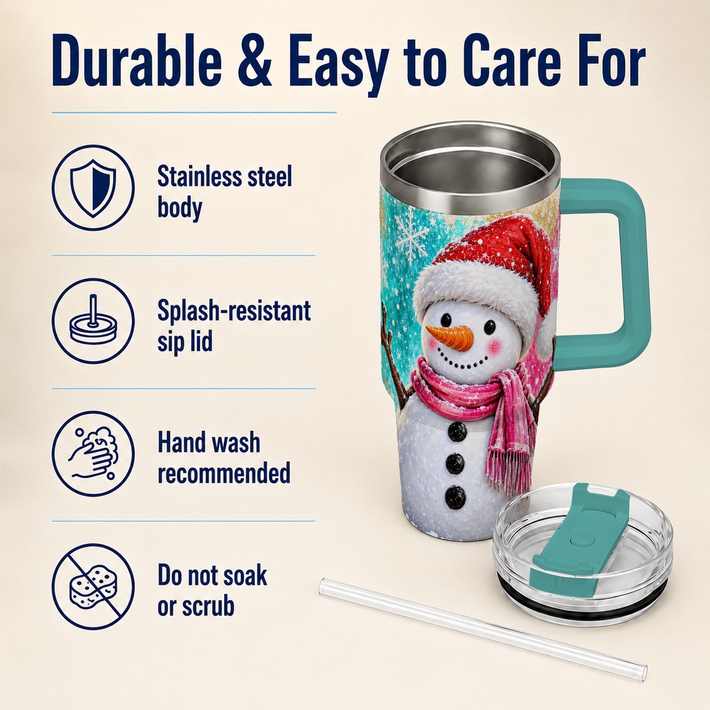 #pl[40oz|Green] Cheerful Snowman 40oz Tumbler with Handle, Stainless Steel Travel Cup