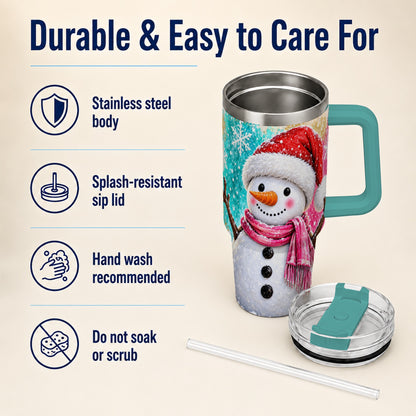 #pl[40oz|Green] Cheerful Snowman 40oz Tumbler with Handle, Stainless Steel Travel Cup