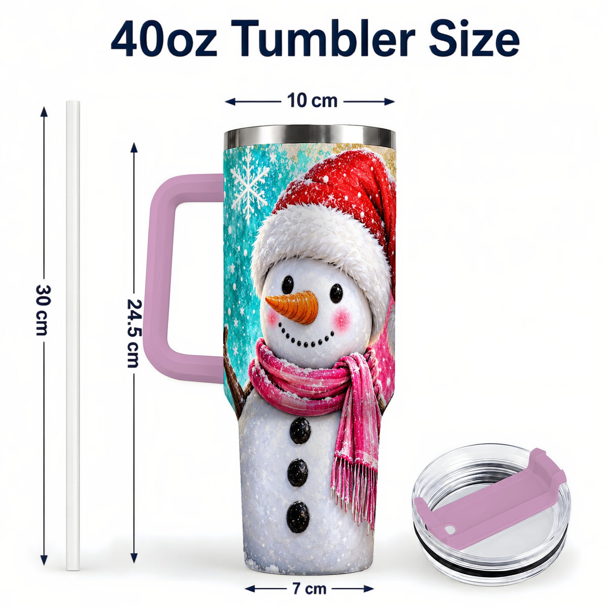 #pl[40oz|Pink] Cheerful Snowman 40oz Tumbler with Handle, Stainless Steel Travel Cup