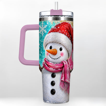 #pl[40oz|Pink] Cheerful Snowman 40oz Tumbler with Handle, Stainless Steel Travel Cup