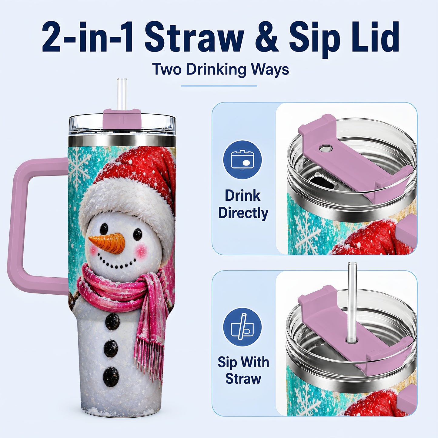 #pl[40oz|Pink] Cheerful Snowman 40oz Tumbler with Handle, Stainless Steel Travel Cup