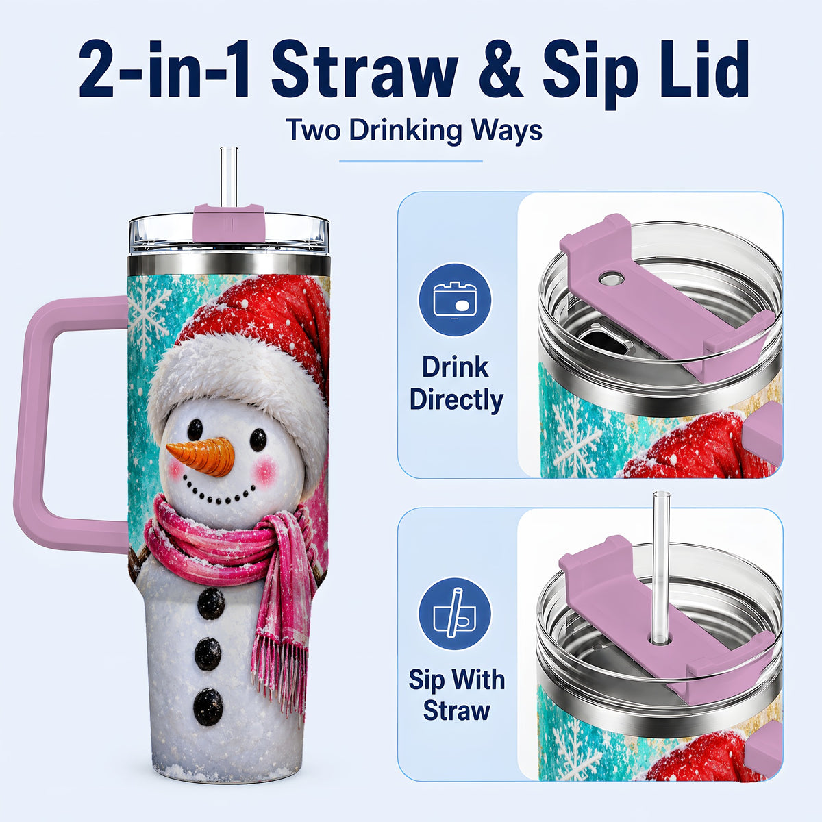 #pl[40oz|Pink] Cheerful Snowman 40oz Tumbler with Handle, Stainless Steel Travel Cup