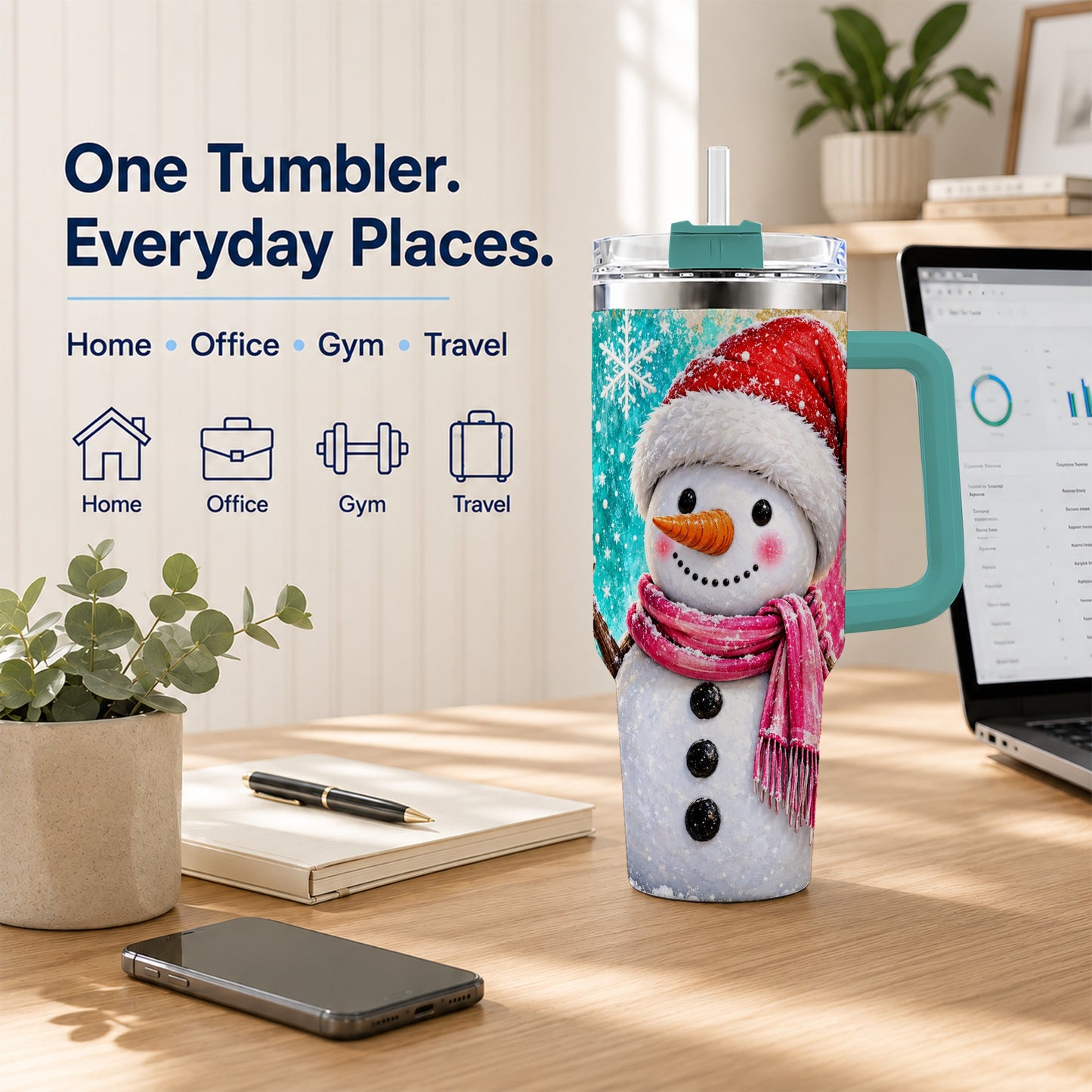 #pl[40oz|Green] Cheerful Snowman 40oz Tumbler with Handle, Stainless Steel Travel Cup