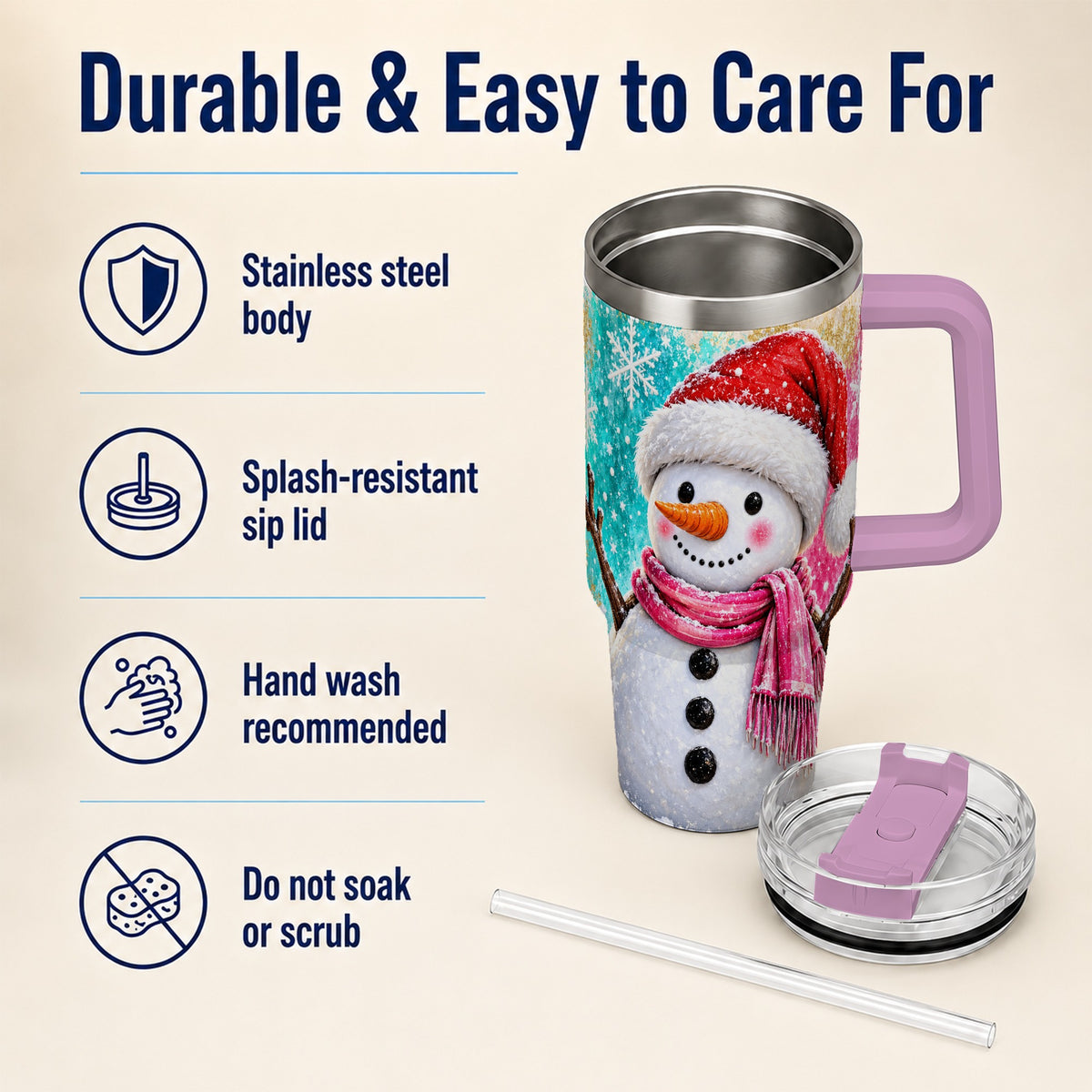 #pl[40oz|Pink] Cheerful Snowman 40oz Tumbler with Handle, Stainless Steel Travel Cup