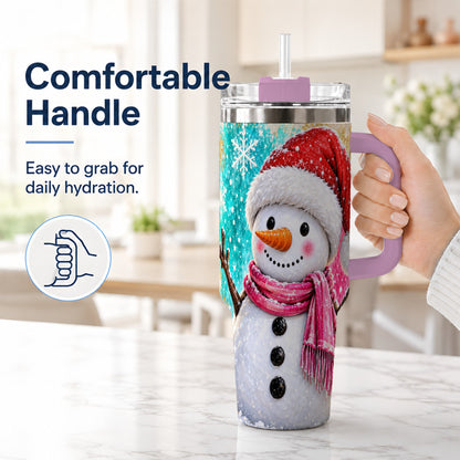 #pl[40oz|Pink] Cheerful Snowman 40oz Tumbler with Handle, Stainless Steel Travel Cup