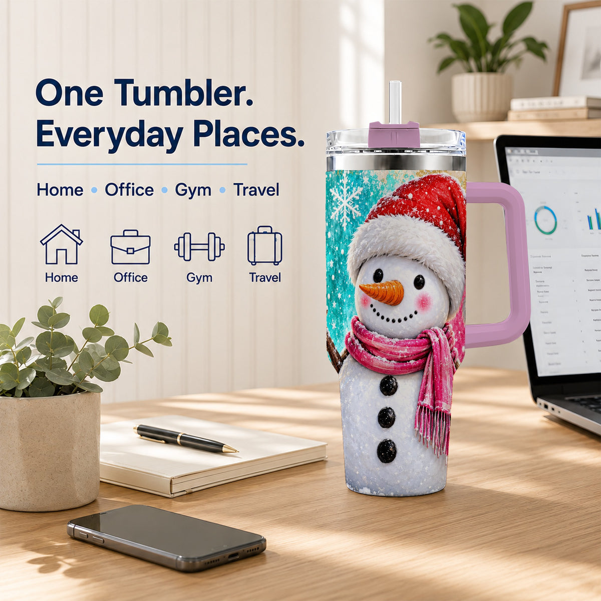 #pl[40oz|Pink] Cheerful Snowman 40oz Tumbler with Handle, Stainless Steel Travel Cup