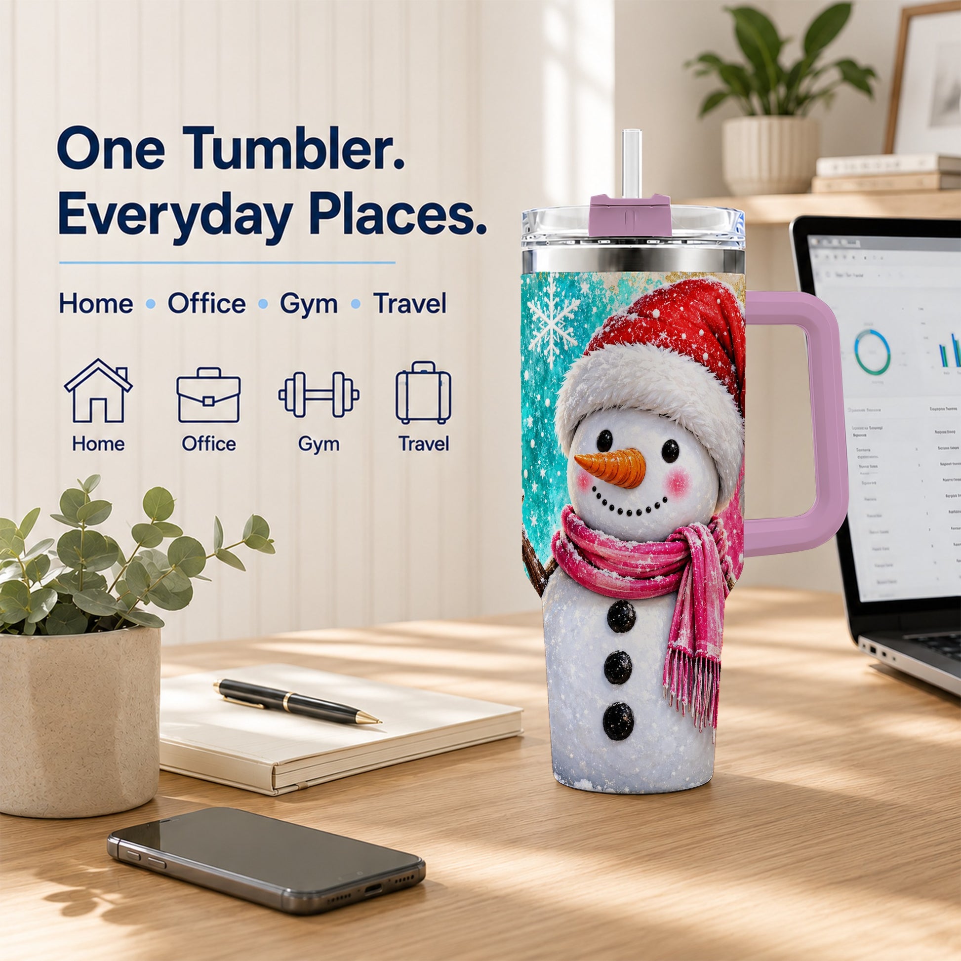 #pl[40oz|Pink] Cheerful Snowman 40oz Tumbler with Handle, Stainless Steel Travel Cup