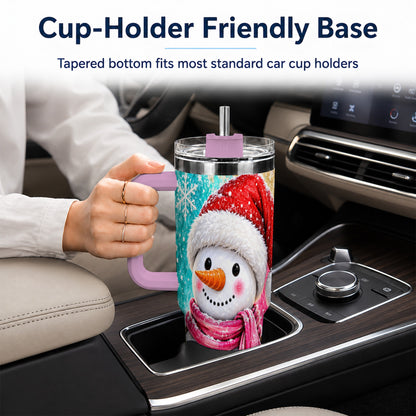 #pl[40oz|Pink] Cheerful Snowman 40oz Tumbler with Handle, Stainless Steel Travel Cup