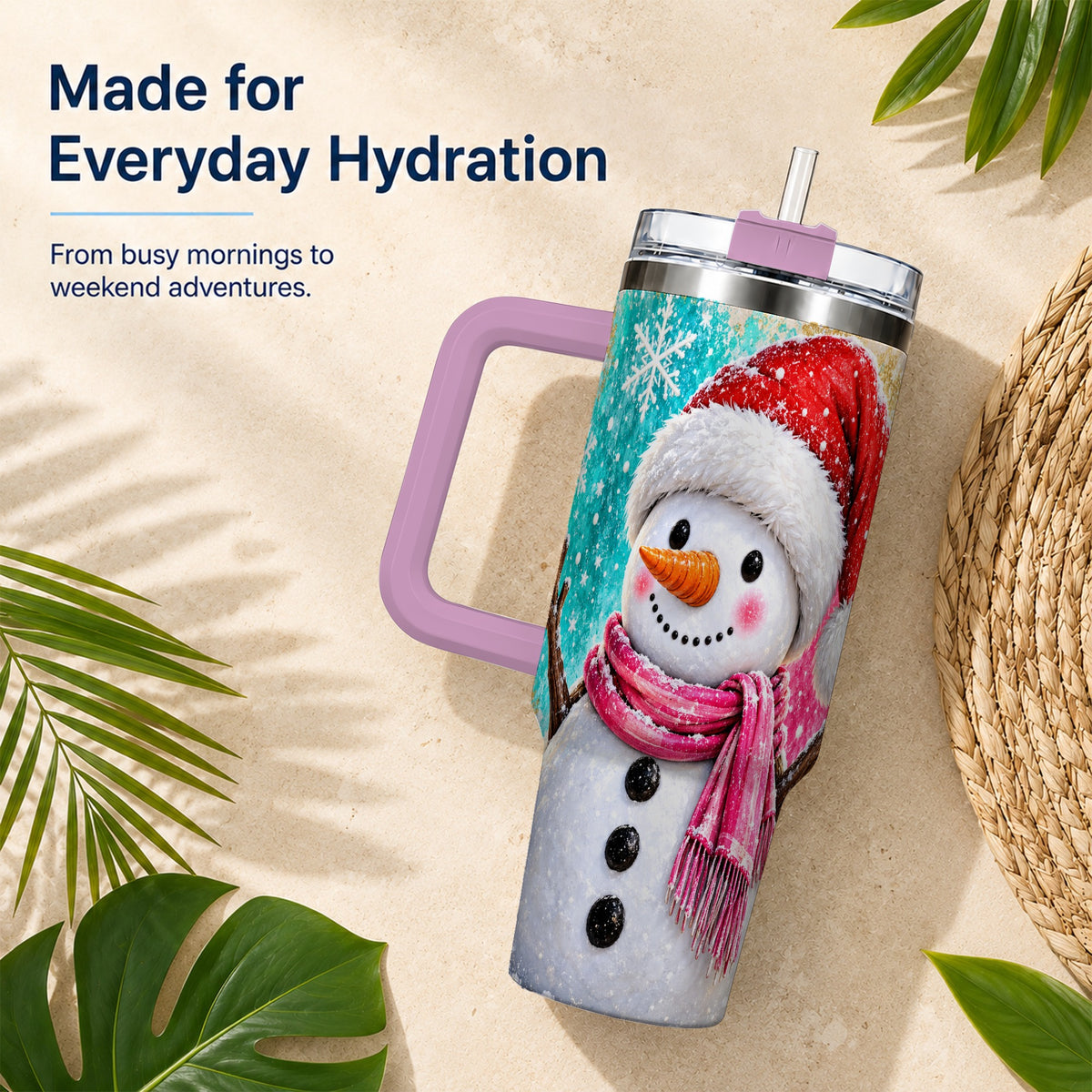 #pl[40oz|Pink] Cheerful Snowman 40oz Tumbler with Handle, Stainless Steel Travel Cup