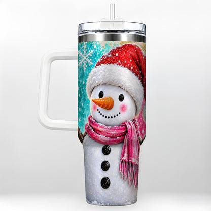 Cheerful Snowman 40oz Tumbler with Handle, Stainless Steel Travel Cup