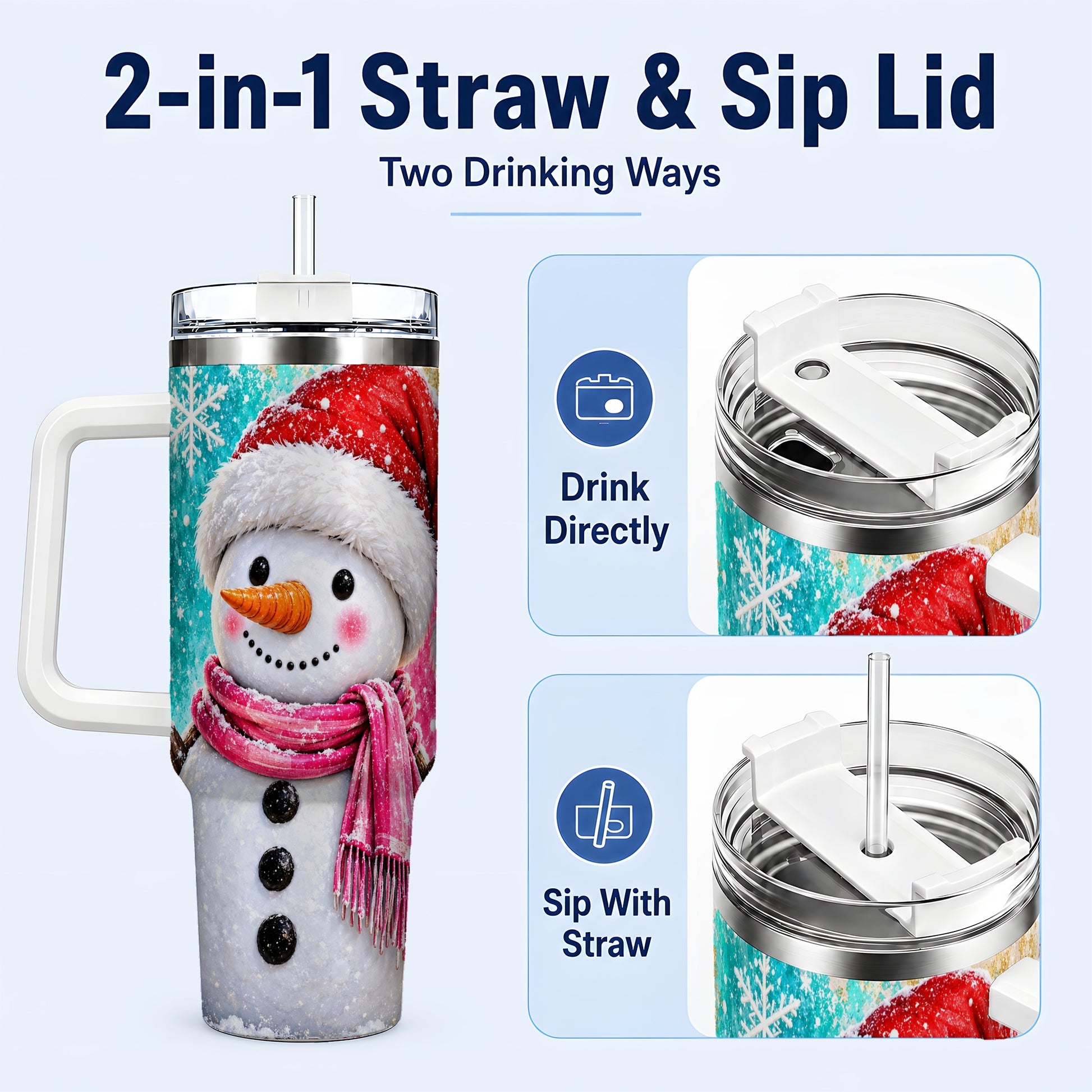 #pl[40oz|White] Cheerful Snowman 40oz Tumbler with Handle, Stainless Steel Travel Cup