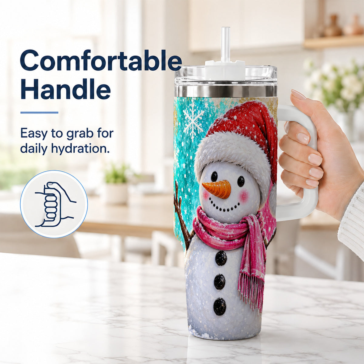 #pl[40oz|White] Cheerful Snowman 40oz Tumbler with Handle, Stainless Steel Travel Cup