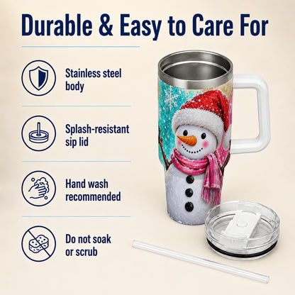 #pl[40oz|White] Cheerful Snowman 40oz Tumbler with Handle, Stainless Steel Travel Cup