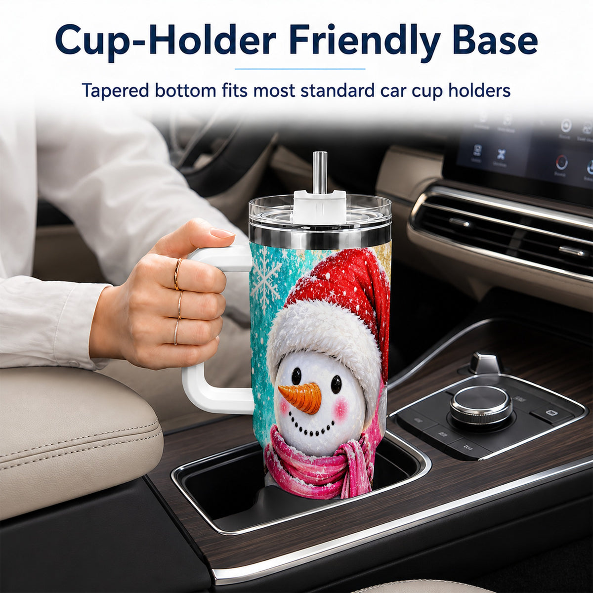 #pl[40oz|White] Cheerful Snowman 40oz Tumbler with Handle, Stainless Steel Travel Cup