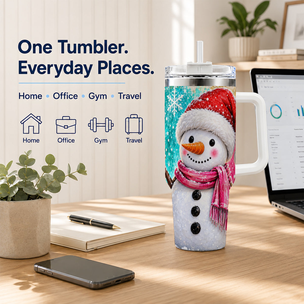 #pl[40oz|White] Cheerful Snowman 40oz Tumbler with Handle, Stainless Steel Travel Cup