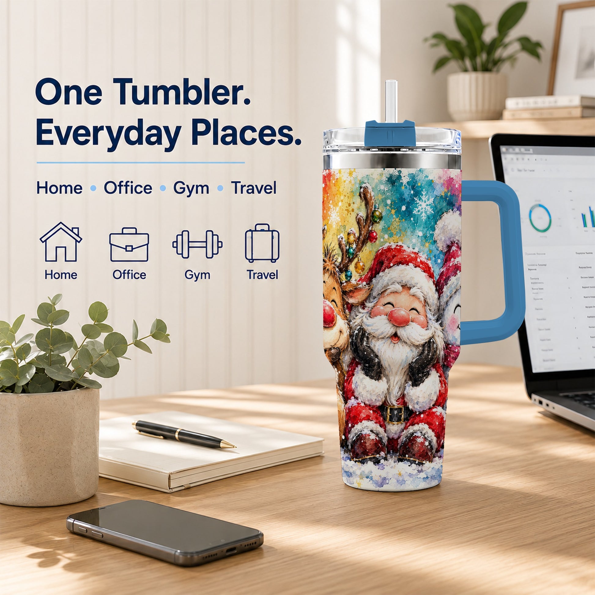 #pl[40oz|Blue] Santa Snowman 40oz Tumbler, Christmas Tumbler, Stainless Steel Travel Cup