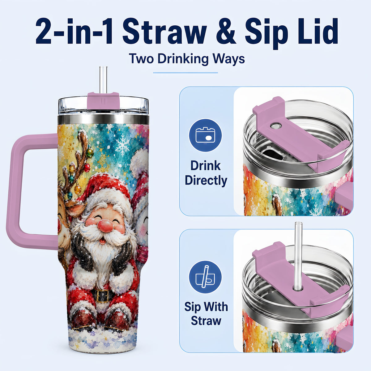 #pl[40oz|Pink] Santa Snowman 40oz Tumbler, Christmas Tumbler, Stainless Steel Travel Cup