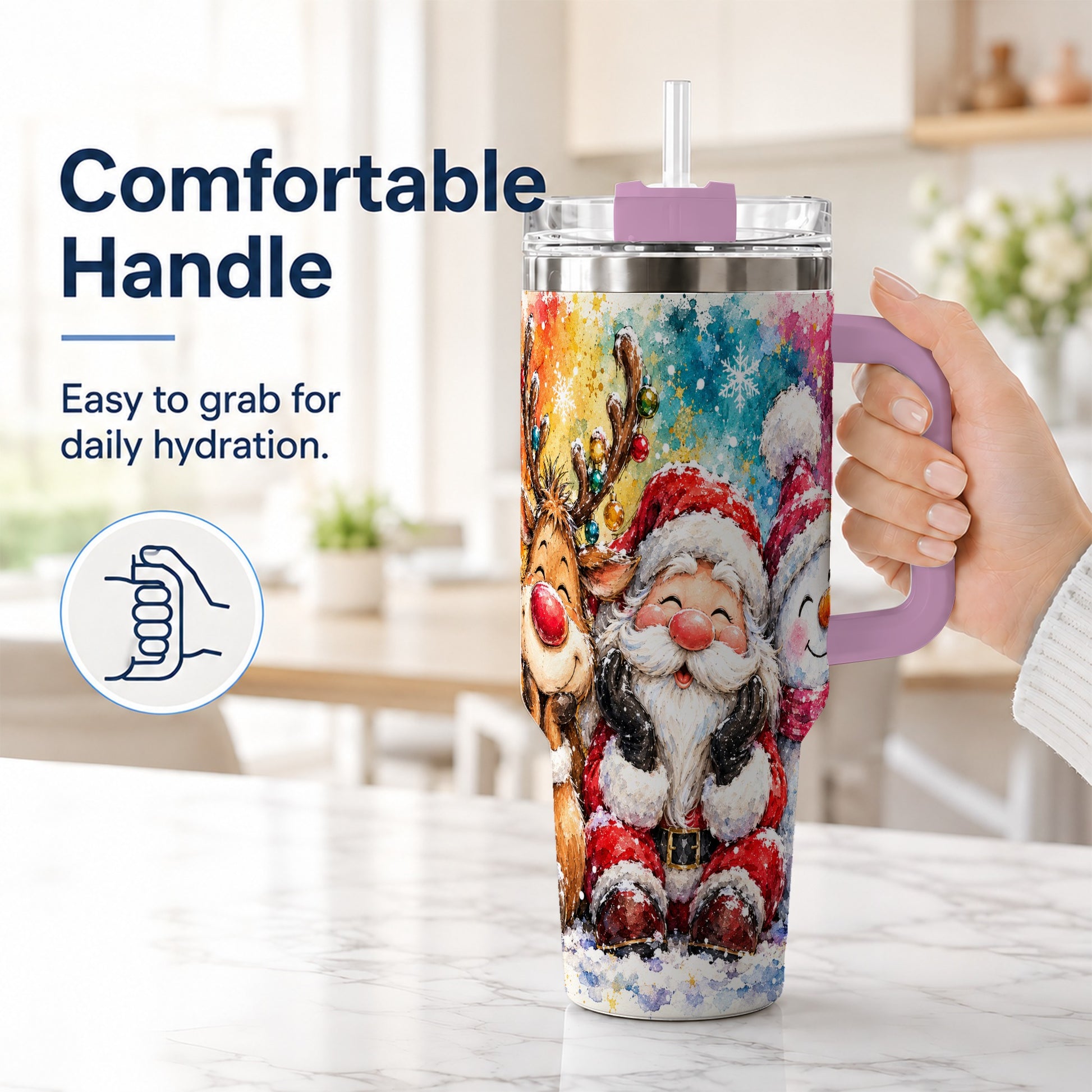 #pl[40oz|Pink] Santa Snowman 40oz Tumbler, Christmas Tumbler, Stainless Steel Travel Cup