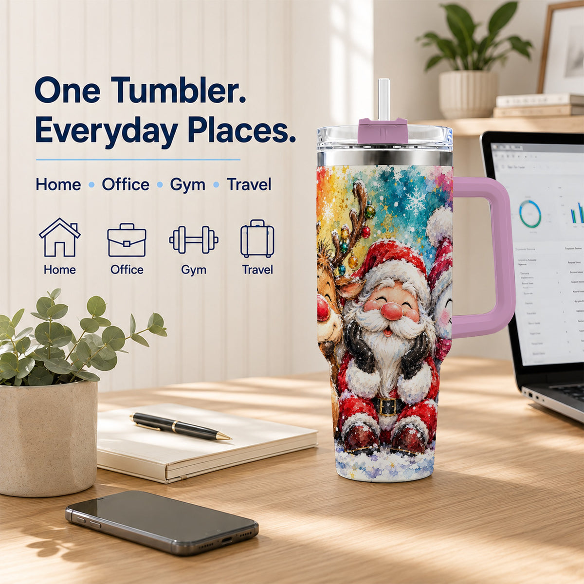 #pl[40oz|Pink] Santa Snowman 40oz Tumbler, Christmas Tumbler, Stainless Steel Travel Cup