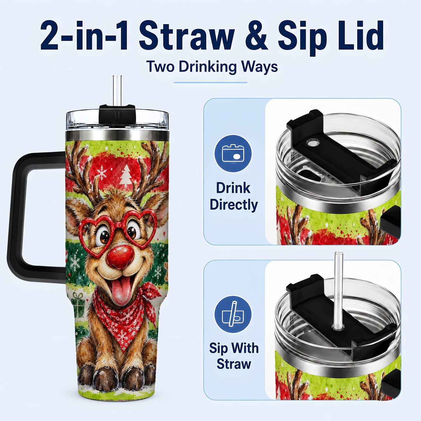 #pl[40oz|Black] Reindeer 40oz Tumbler, Heart Glasses Tumbler, Stainless Steel Travel Cup