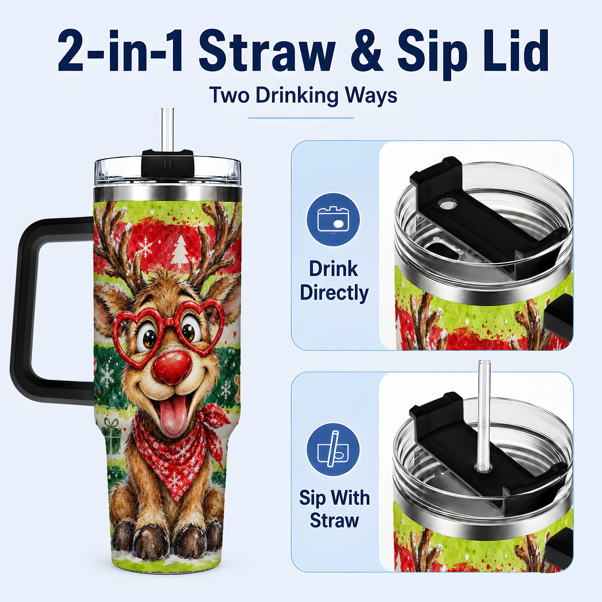 #pl[40oz|Black] Reindeer 40oz Tumbler, Heart Glasses Tumbler, Stainless Steel Travel Cup